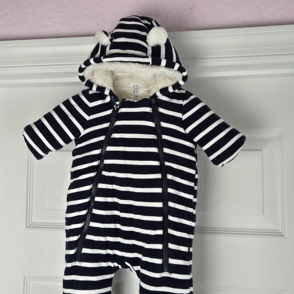 Baby Gap Fleece Bear One Piece Unisex Blue White Striped Baby‎ Size 0-3 Months
